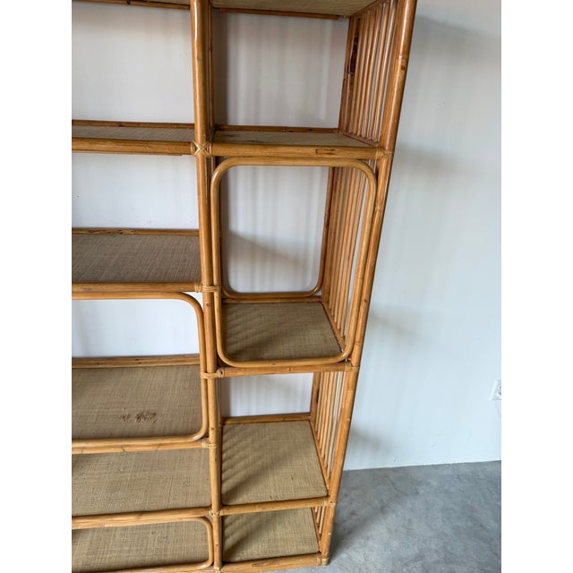Large- Vintage Coastal Rattan Bookcase Étagère With Cane Shelves For Sale - Image 9 of 12