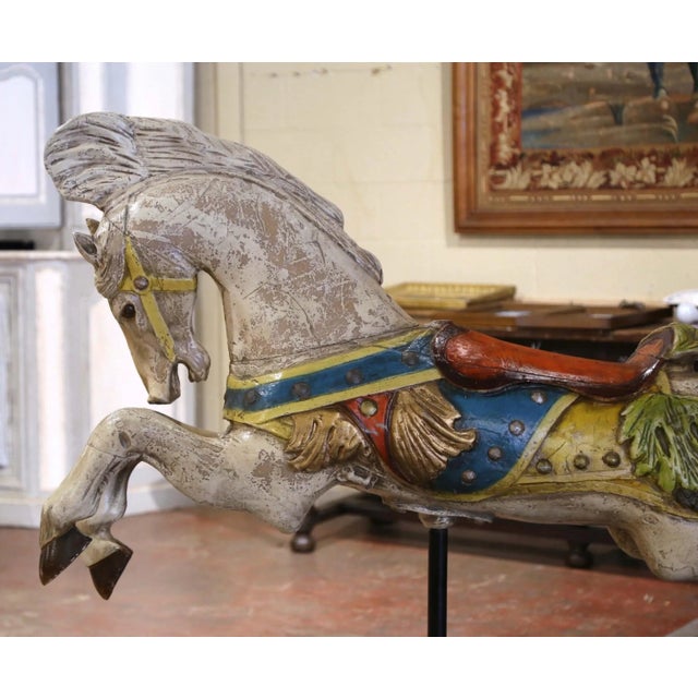 French Mid-Century French Carved and Painted Carousel Horse on Metal Stand For Sale - Image 3 of 11