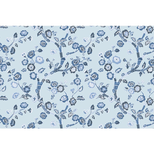 A 9.5" x 9.5" sample of Temple Garden Sky Blue Care Instructions: Pure Solvants Dry Cleaning