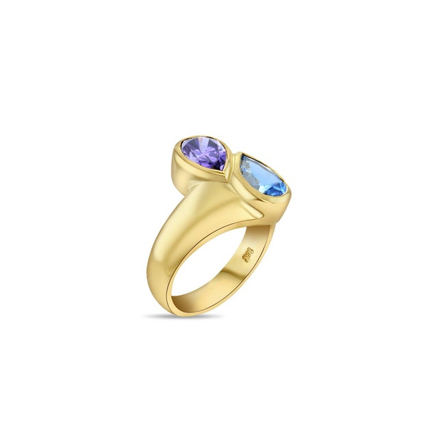 Contemporary Blue Topaz & Amethyst Pear Shaped Ring, Size 4 For Sale - Image 3 of 4