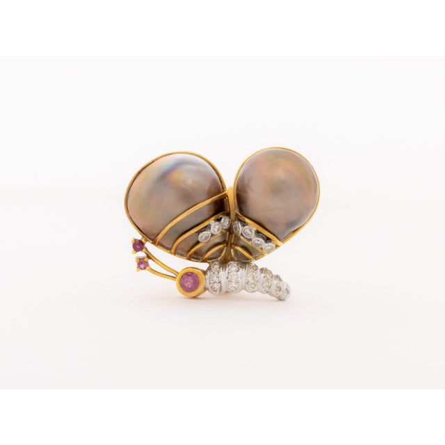 Late 20th Century 18k Rose Gold, Diamond, Ruby, and Pearl Butterfly-Form Ring For Sale - Image 5 of 9