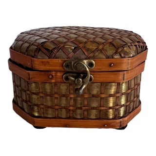 Woven Hinged Box With Brass Detail For Sale
