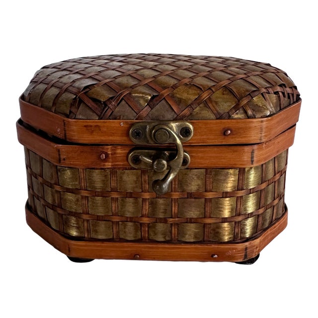 Woven Hinged Box With Brass Detail For Sale