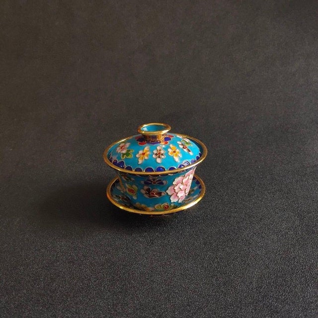 Vintage Chinese Turquoise Cloisonné Enamel Floral "Three-Piece" Tea Bowl Set For Sale - Image 4 of 6