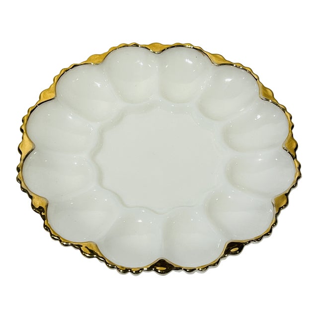 Vintage Anchor Hocking Fire King Milk White Deviled Egg Plate with Gold