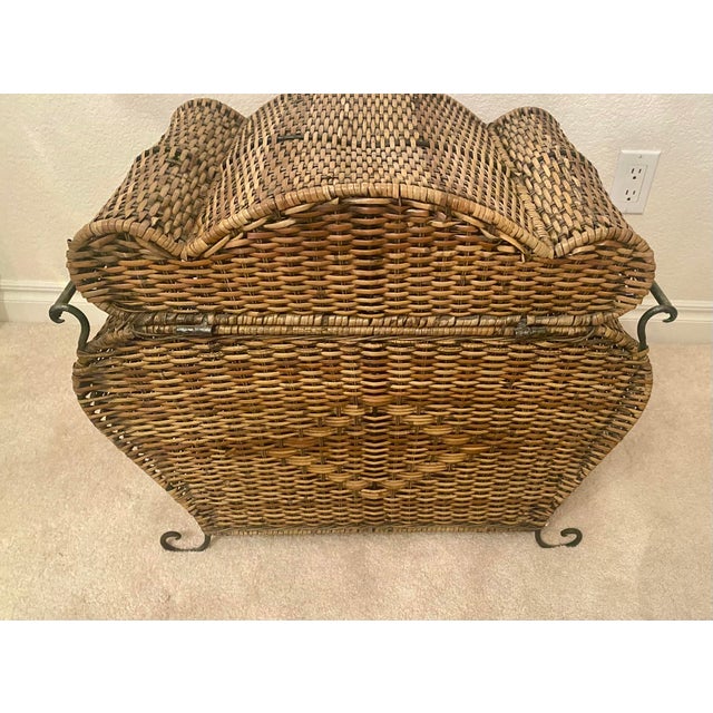 Vintage Woven Rattan Bombay Storage Chest With Lid Wrought Iron Scroll Feet, Handles, and Latch. For Sale - Image 16 of 17