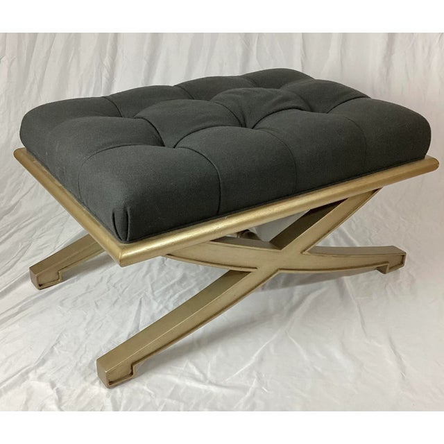 Mid-Century Modern Late 20th Century Vanguard Lytton Ottoman With Gray Flannel Tufted Seat & Metallic Gold X Base For Sale - Image 3 of 10