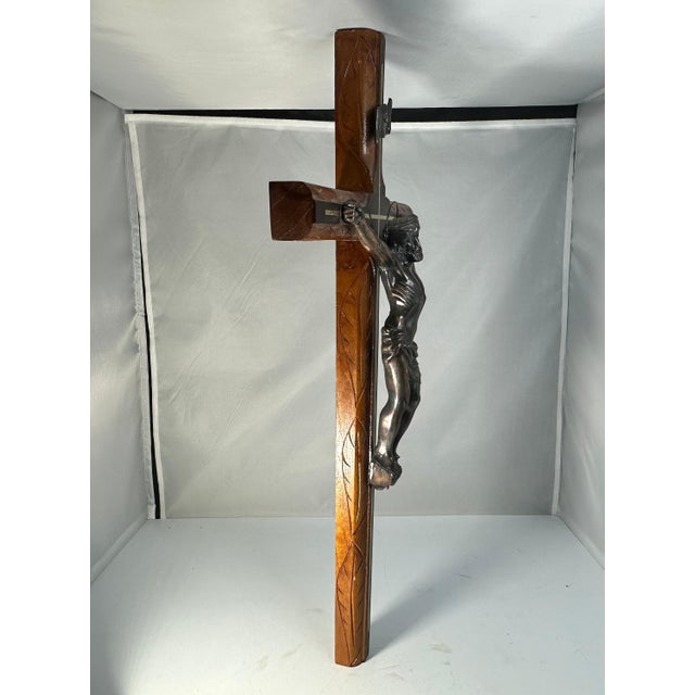 Large Vintage Crucifix: Bronzed Jesus, Carved Wood Cross For Sale - Image 6 of 10