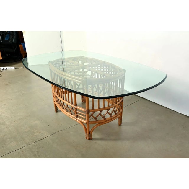Wood 1970s Mid Century Ficks Reed Glass Top Bamboo and Rattan Base Dining Table For Sale - Image 7 of 7