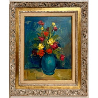 Jan De Ruth, Czech American Floral Oil Painting Jan De Ruth Vibrant Modernist Flowers in Vase For Sale