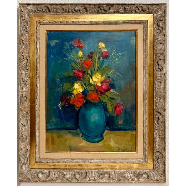 Jan De Ruth, Czech American Floral Oil Painting Jan De Ruth Vibrant Modernist Flowers in Vase For Sale