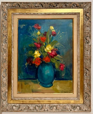 Jan De Ruth, Czech American Floral Oil Painting Jan De Ruth Vibrant Modernist Flowers in Vase
