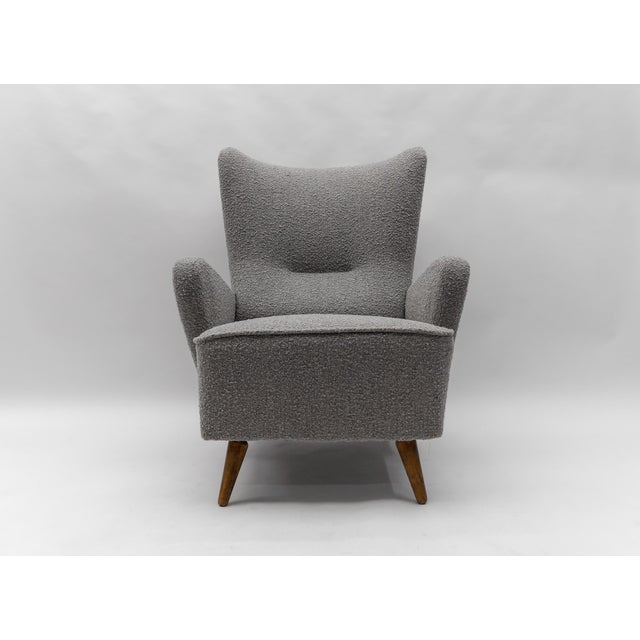 Large Grey Boucle Fabric Wingback Armchair, Italy, 1950s For Sale - Image 10 of 10