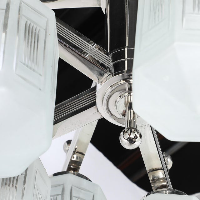 Art Deco Art Deco Style 10 Arm Frosted & Etched Glass Chandelier W/ Polished Nickel Frame For Sale - Image 3 of 18