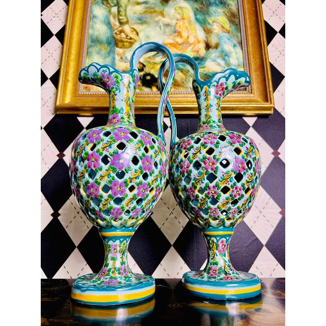 Pair Signed J. Leonardo Portuguese Hand-Painted Reticulated Ceramic Ewers, 15" For Sale - Image 4 of 17