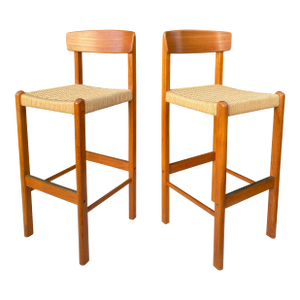 Pair Vintage Teak Bar Stools Sun Cabinet Co. 31" Height Mid-Century Modern Paper Cord
