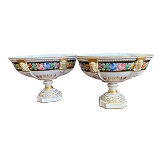 Gorgeous Antique Pair of Ferdinand Bing & Co. Tazze-(French-Early 20th C. With Gilt Accents and Floral Motif 6 1/4 In. H., 9 In. W., 5 1/2 In. D. For Sale