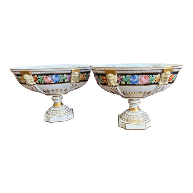 Gorgeous Antique Pair of Ferdinand Bing & Co. Tazze-(French-Early 20th C. With Gilt Accents and Floral Motif 6 1/4 In. H., 9 In. W., 5 1/2 In. D. For Sale