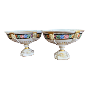Gorgeous Antique Pair of Ferdinand Bing & Co. Tazze-(French-Early 20th C. With Gilt Accents and Floral Motif 6 1/4 In. H., 9 In. W., 5 1/2 In. D.