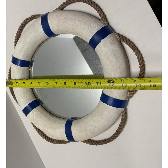Late 20th Century Nautical Life Preserver Mirror | Coastal Rope Wall Mirror | Beach House Décor | Blue & White Maritime Wall Art For Sale - Image 5 of 5