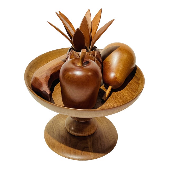 Mid Century MCM Wooden Fruit and Pedestal Bowl. Monkey Pod Fruit, Wood Centerpiece For Sale