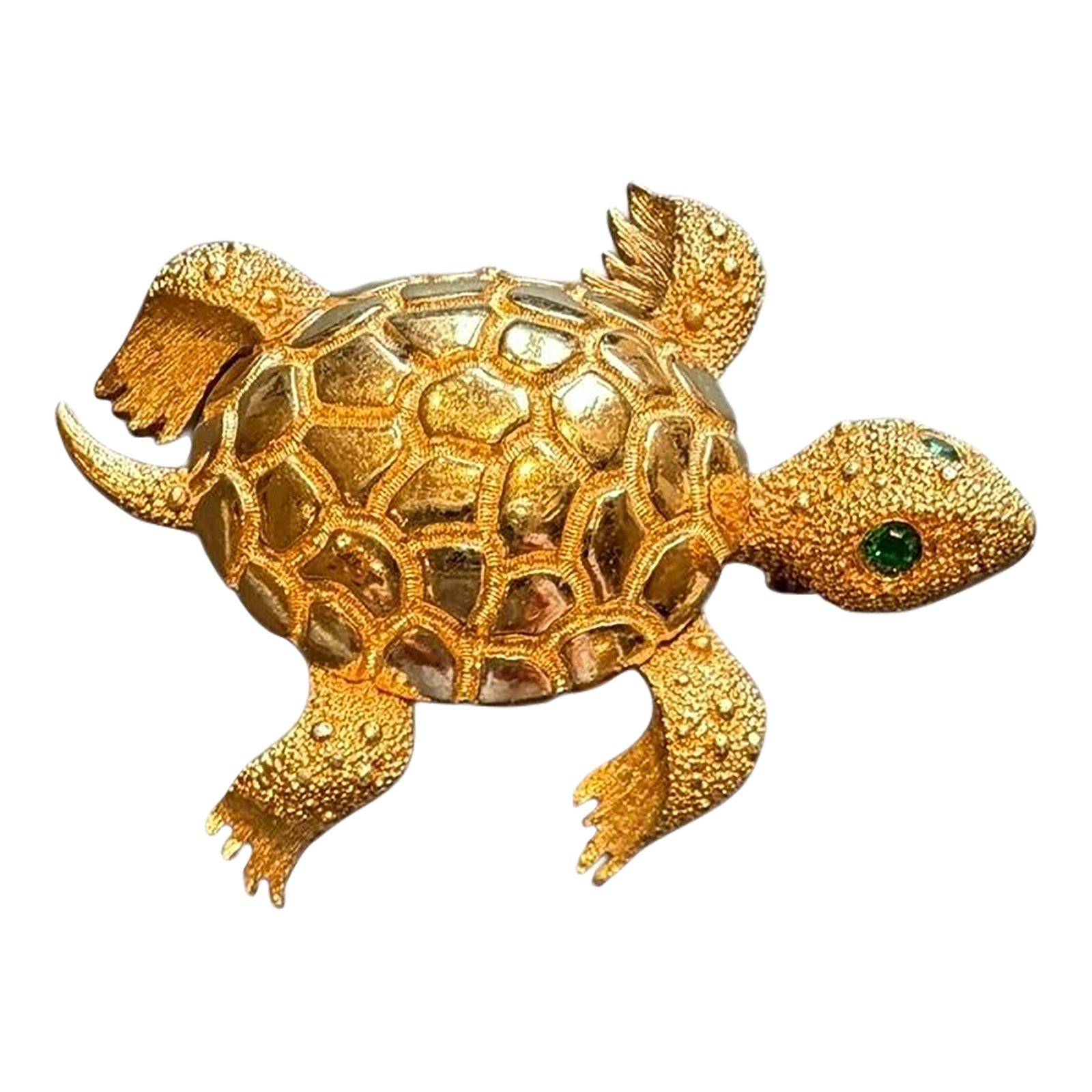 Mid 20th Century Monet Gold Tone Turtle Pin With Green Rhinestone Eyes ...