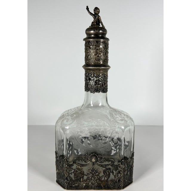Antique Hanau Silver Mounted Etched Glass Decanter: French Rococo, Georg Roth & Co. For Sale - Image 6 of 10