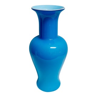 1990’s Moretti Style Aqua Blue Cased Glass Tall Vase For Sale