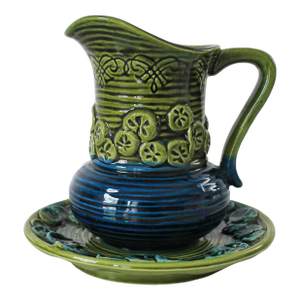 Vintage Inarco Blue and Green Ceramic Pitcher With Matching Underplate