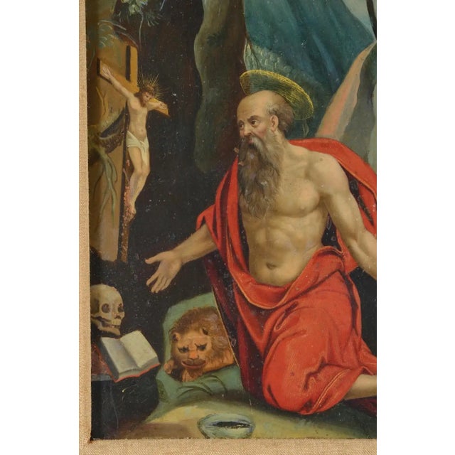 17th/18th century Flemish old master painting of Saint Jerome in a landscape with objects. Oil on copper. Framed. Light...