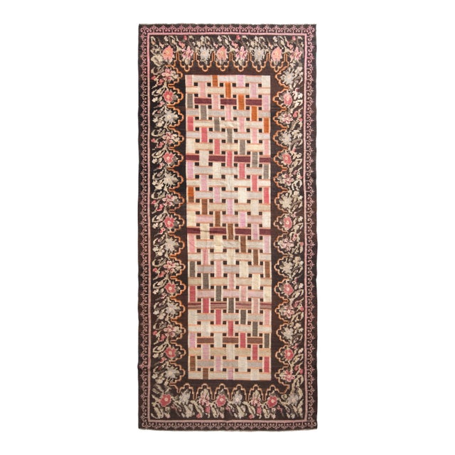 Vintage Mid-Century Bessarabian Kilim Rug in Brown and Pink Geometric Pattern For Sale