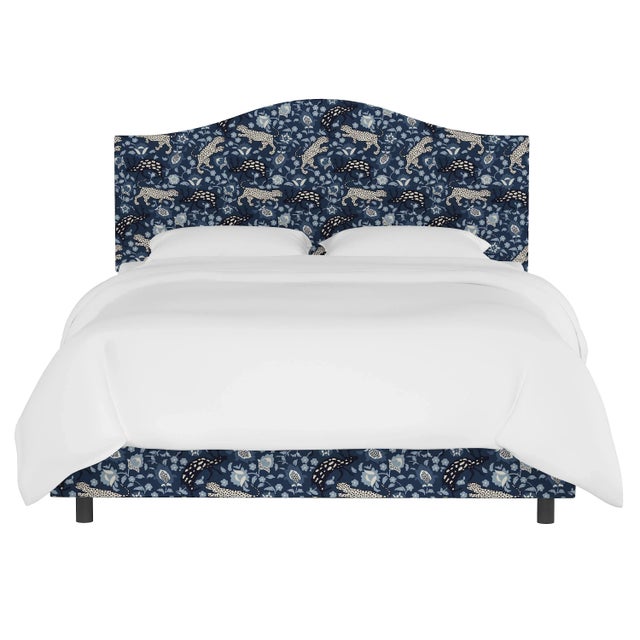 Transitional Kenmore Bed in Blue Leopard, Full For Sale - Image 3 of 6