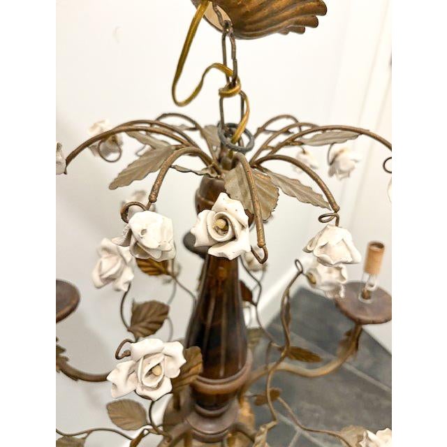 Traditional Early 20th Century 5-Light Wooden Tole Chandelier With Porcelain Flowers For Sale - Image 3 of 6