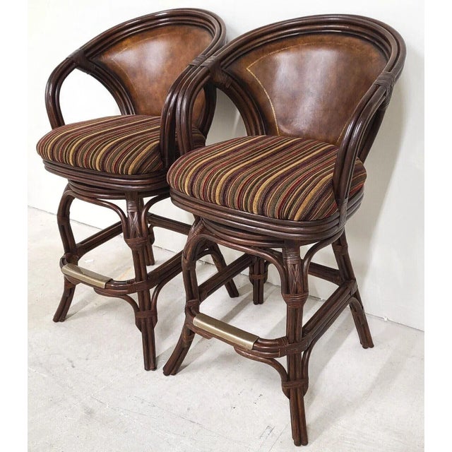 Offering One Of Our Recent Palm Beach Estate Fine Furniture Acquisitions Of A Set of 2 HOOKER Bamboo Rattan Leather Swivel...