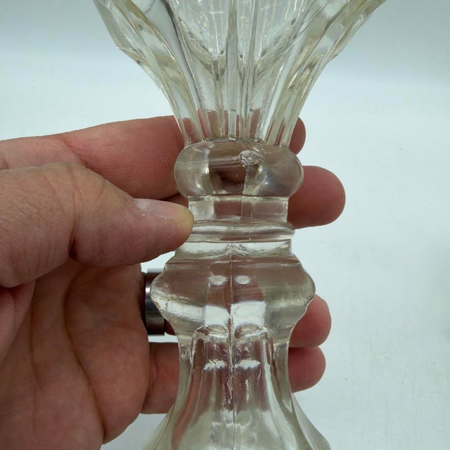 Metal 1850s Gothic Arch Pressed-Glass Oil Lamps, Attributed to Boston & Sandwich, - Pair For Sale - Image 7 of 18