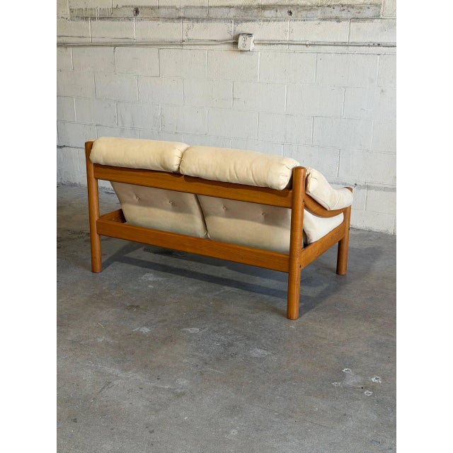 Teak Beige Loveseat Settee Sofa Lounge Upholstered Furniture in Style of Domino Mobler Denmark 1960s For Sale - Image 4 of 10