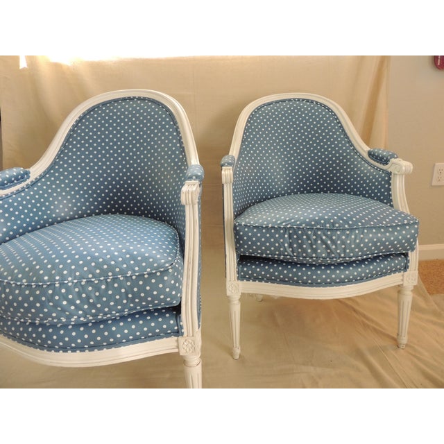 Antique French Louis XVI Style Upholstered Barrel Back Armchairs - A Pair For Sale In Tampa - Image 6 of 13
