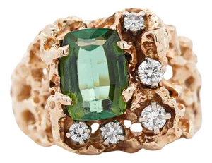 3.5 Carat Green Step Cushion Cut Tourmaline & Diamond 14k Rose Gold Nugget Ring
