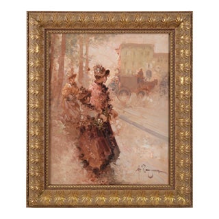 French Ladies on the Boulevard - Figurative Landscape For Sale