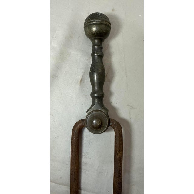 English Antique 18th Century Wrought Iron Turned Brass English Fireplace Tongs Tool 24 For Sale - Image 3 of 9