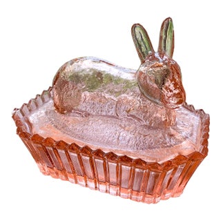 Vintage Pink Depression Glass Covered Bunny Dish For Sale
