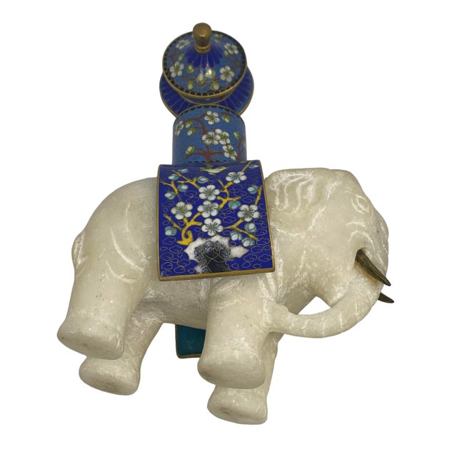 Vintage Japanese Carved Alabaster Elephant Figurine With Blue Cloisonné Ink Well With Cherry