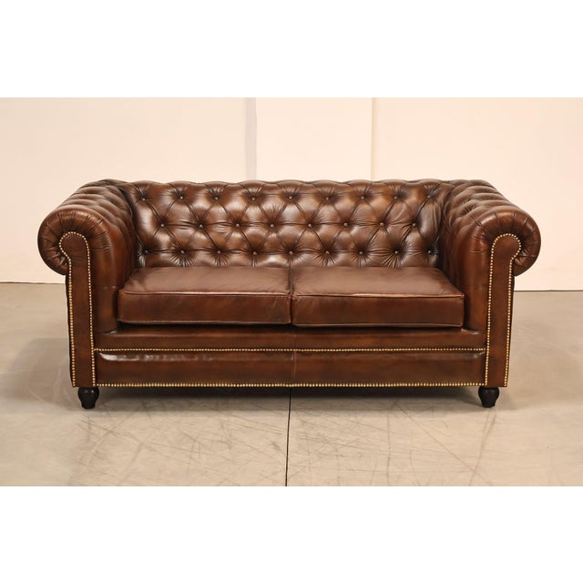 Chesterfield Style 6 Foot Cognac Brown Tufted Leather Sofa For Sale - Image 11 of 16