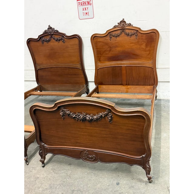 French Twin Size Louis XV Style Antique Carved Wood Bed Frames, Pair For Sale - Image 3 of 12