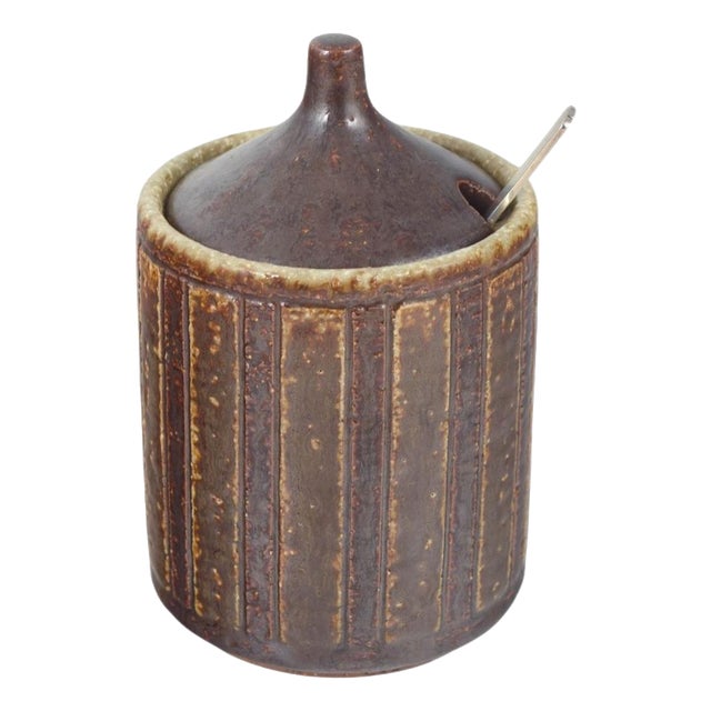 Ceramic Jam Jar with Silver Spoon from Palshus, Denmark, 1970s, Set of 2 For Sale