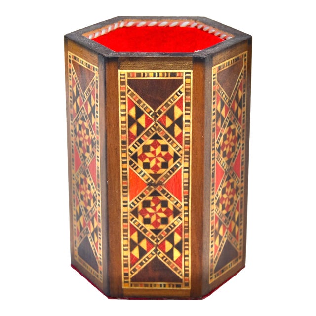 Vintage Handcrafted Marquetry-Inlaid Moorish Pen-Holder & Catchall For Sale