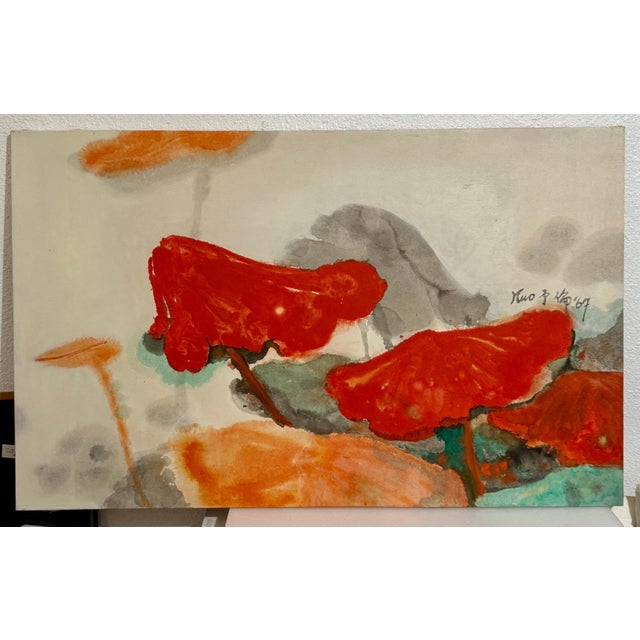 Kuo Yu Lun, Large Abstract Expressionist Lotus Flower Taiwanese Chinese Painting Kuo Yu-Lun, 1967 For Sale - Image 12 of 18