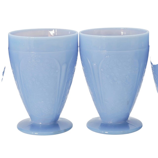 Glass Jeanette Glass Delphite Blue Cherry Blossom Footed Juice Tumblers, Set of Four For Sale - Image 7 of 9