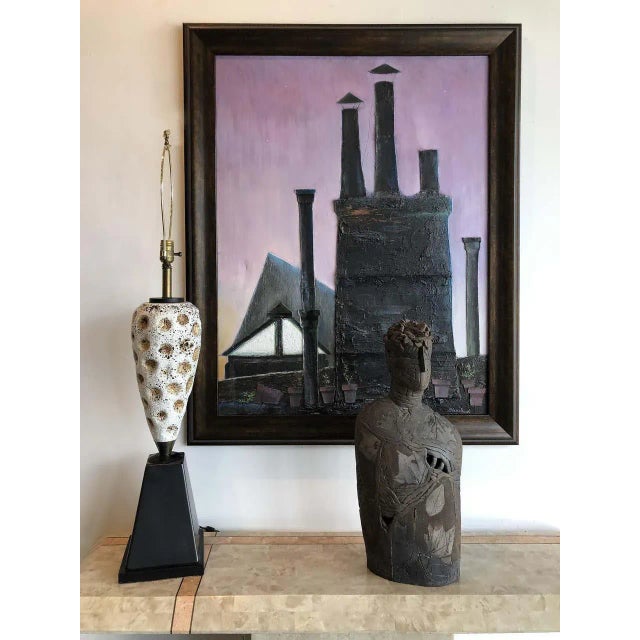 Industrial mixed-media oil painting by Robert Blanchard Offered for sale is a vintage 1960s Industrial mix media oil on...