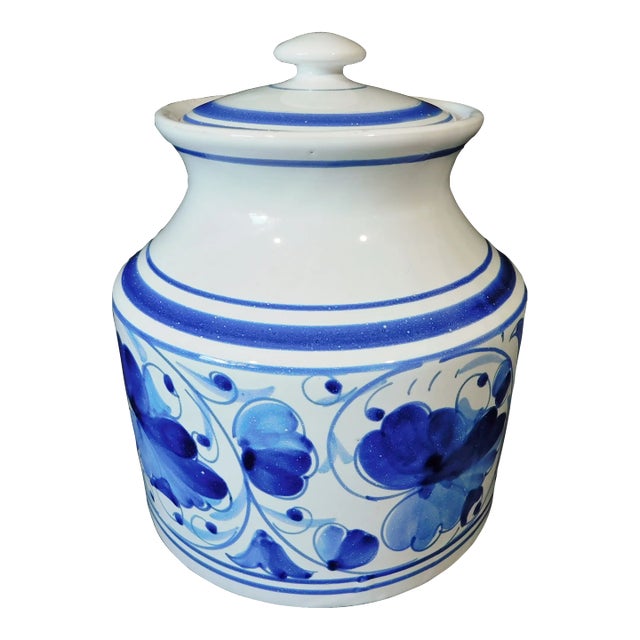 Vintage Italian Blue & White Hand Painted Art Pottery Cannister Ginger Jar With Lid For Sale